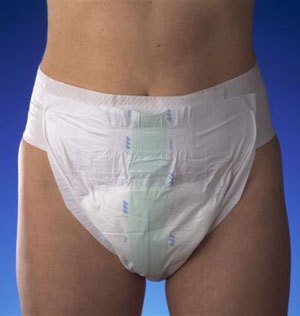 Mid age person wearing incontinence pants. It is visible just the area with the incontinence pants, the face or the legs are not presented on the picture.